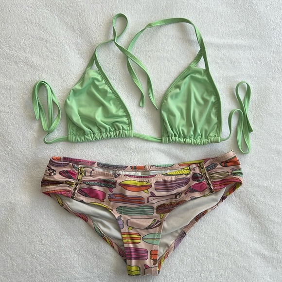 Vintage VS Zipper Bikini Bottom Surf Board Print Breakwater Top Swimsuit M & L - Picture 1 of 16